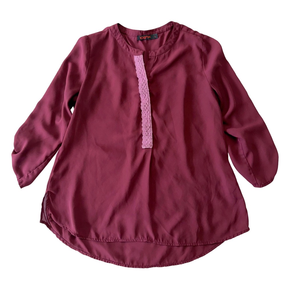 109°F Burgundy Tunic Crochet Lace Split Neck Roll-Tab Sleeve Boho Blouse L